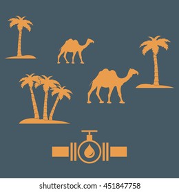 Stylized icon of the pipe with a valve and fuel drops on a color background with palm trees and camels