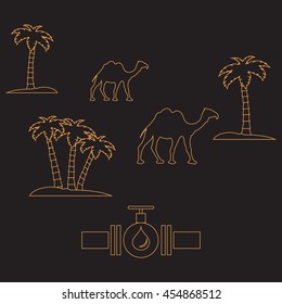 Stylized icon of the pipe with a valve and fuel drops on a color background with palm trees and camels