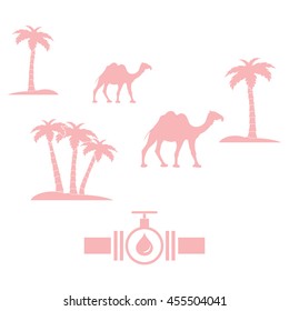 Stylized icon of the pipe with a valve and fuel drops on a white background with palm trees and camels