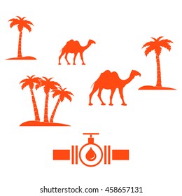 Stylized icon of the pipe with a valve and fuel drops on a white background with palm trees and camels