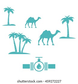 Stylized icon of the pipe with a valve and fuel drops on a white background with palm trees and camels