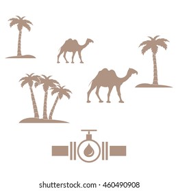 Stylized icon of the pipe with a valve and fuel drops on a white background with palm trees and camels