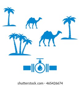 Stylized icon of the pipe with a valve and fuel drops on a white background with palm trees and camels