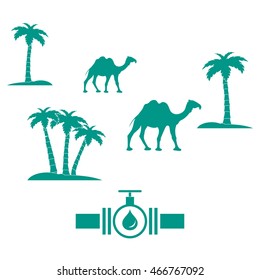Stylized icon of the pipe with a valve and fuel drops on a white background with palm trees and camels
