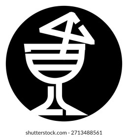 Icono estilizado que presenta un vaso de cóctel refrescante con un paraguas decorativo dentro de un fondo circular negro, ideal para menús de bar, promociones de bebidas o marca de vida nocturna