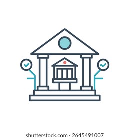 Stylized icon representing a bank with checkmarks. The flat design uses blue, cyan, and red colors on a White Background.