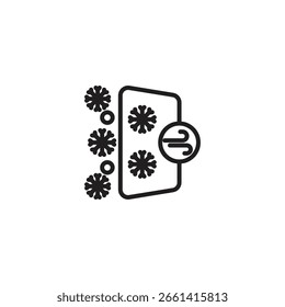 Un icono estilizado que representa un sistema de refrigeración o aire acondicionado, con copos de nieve y símbolos de corriente de aire alrededor de una forma rectangular.