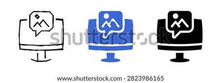 A stylized icon representing digital content sharing or communication about visuals on a computer screen