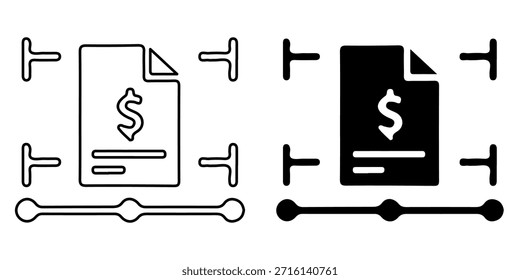 Ein stilisiertes Symbol, das ein Finanzdokument mit einem Dollarzeichen darstellt, umgeben von Messmarken und einem Schieberegler.