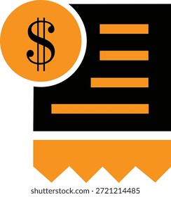 Icono estilizado que representa un documento de un Comprobante financiero con un signo de dólar prominente que indica el pago o el éxito de la transacción.