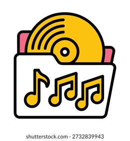 Un icono estilizado que representa una carpeta de música con un disco de vinilo y notas musicales, simbolizando el almacenamiento de audio y la música.