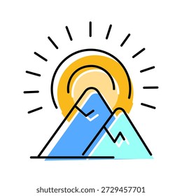 Ícone estilizado representando uma paisagem natural com picos de montanha e um sol amarelo brilhante irradiando luz, transmitindo conceitos de aventura ao ar livre, viagens e tranquilidade