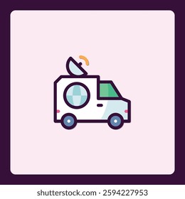 Stylized icon representing news broadcasting van with satellite on top vehicle