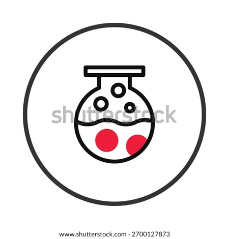 A stylized icon representing a scientific flask with liquid and prominent red circles within. Presented as a clean design element, the black outlined flask is set against a white background, ideal