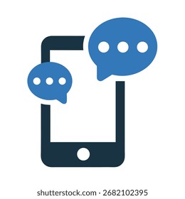 Un icono estilizado que representa un teléfono inteligente con dos burbujas de chat azules, que significa comunicación digital y mensajería.