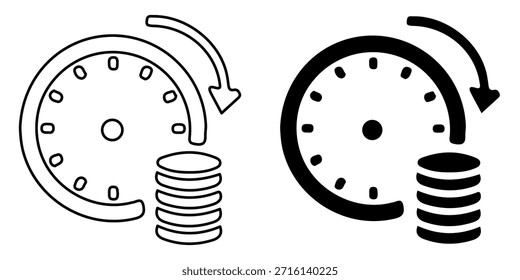 Ein stilisiertes Symbol, das Zeit und Geld repräsentiert, mit einem Zifferblatt, einem Stapel von Münzen und einem kreisförmigen Pfeil.