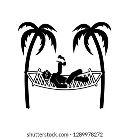 Stylized icon of rest in a hammock under two palm trees