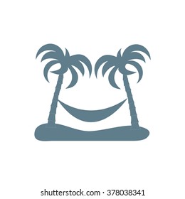 Stylized icon of rest in a hammock under two palm trees