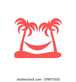 Stylized icon of rest in a hammock under two palm trees