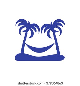 Stylized icon of rest in a hammock under two palm trees