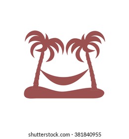 Stylized icon of rest in a hammock under two palm trees