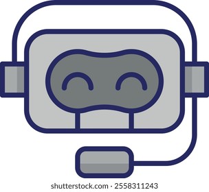 Stylized icon of a robot's face with a headset and microphone, featuring a rectangular head with rounded corners, two curved lines for eyes and mouth, in gray and dark blue