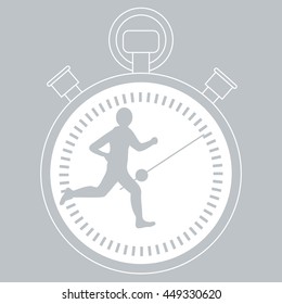 Stylized icon of a runner with a stopwatch on a white background