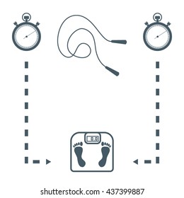 Stylized icon of the with scales, two stopwatch, arrows, skipping rope on a white background
