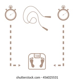 Stylized icon of the with scales, two stopwatch, arrows, skipping rope on a white background