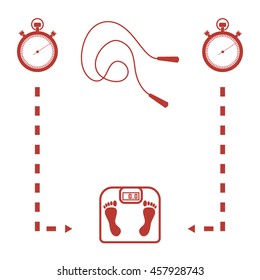 Stylized icon of the with scales, two stopwatch, arrows, skipping rope on a white background
