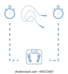 Stylized icon of the with scales, two stopwatch, arrows, skipping rope on a white background