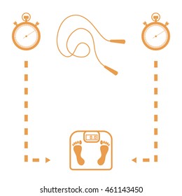 Stylized icon of the with scales, two stopwatch, arrows, skipping rope on a white background