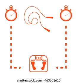Stylized icon of the with scales, two stopwatch, arrows, skipping rope on a white background