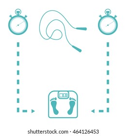 Stylized icon of the with scales, two stopwatch, arrows, skipping rope on a white background