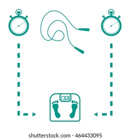 Stylized icon of the with scales, two stopwatch, arrows, skipping rope on a white background