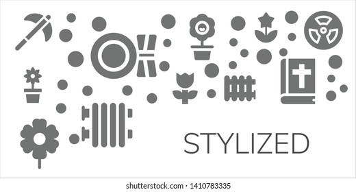 stylized icon set. 11 filled stylized icons.  Collection Of - Pick, Plate, Flower, Radiator, Bible, Radiation