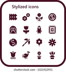 stylized icon set. 16 filled stylized icons.  Collection Of - Radiator, Flowers, Flower, Yin yang, Penguin, Bible, Pick, Flamingo