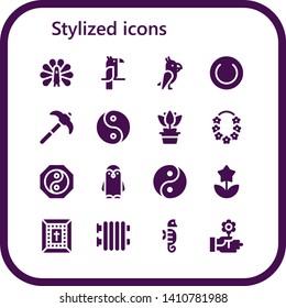 stylized icon set. 16 filled stylized icons.  Collection Of - Peacock, Parrot, Plate, Pick, Yin yang, Flower, Penguin, Bible, Radiator, Seahorse