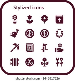 stylized icon set. 16 filled stylized icons.  Simple modern icons about  - Flower, Bible, Flamingo, Yin yang, Pick, Parrot, Radiator, Radiation