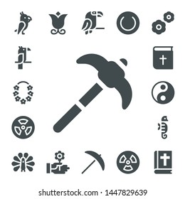 stylized icon set. 17 filled stylized icons.  Collection Of - Parrot, Flower, Pick, Radiation, Bible, Yin yang, Seahorse, Peacock, Plate, Flowers