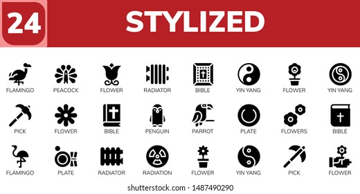 stylized icon set. 24 filled stylized icons.  Collection Of - Flamingo, Peacock, Flower, Radiator, Bible, Yin yang, Pick, Penguin, Parrot, Plate, Flowers, Radiation