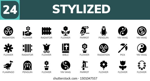 stylized icon set. 24 filled stylized icons.  Collection Of - Radiation, Flower, Radiator, Parrot, Penguin, Yin yang, Bible, Pick, Flamingo