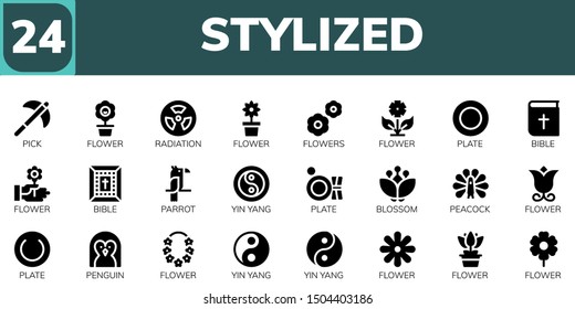 stylized icon set. 24 filled stylized icons.  Simple modern icons about  - Pick, Flower, Radiation, Flowers, Plate, Bible, Parrot, Yin yang, Blossom, Peacock, Penguin