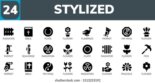 stylized icon set. 24 filled stylized icons.  Collection Of - Radiator, Bible, Plate, Flower, Flamingo, Parrot, Yin yang, Seahorse, Radiation, Pick, Peacock icons
