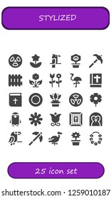  stylized icon set. 25 filled stylized icons. Simple modern icons about  - Radiation, Flower, Parrot, Pick, Radiator, Flamingo, Bible, Plate, Penguin