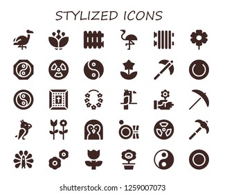  stylized icon set. 30 filled stylized icons. Simple modern icons about  - Flamingo, Blossom, Radiator, Flower, Yin yang, Radiation, Pick, Plate, Bible, Parrot, Penguin, Peacock