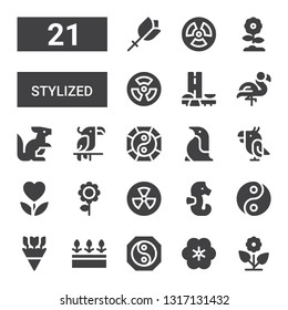 stylized icon set. Collection of 21 filled stylized icons included Flower, Yin yang, Flowers, Seahorse, Radiation, Parrot, Penguin, Kangaroo, Flamingo, Brazil