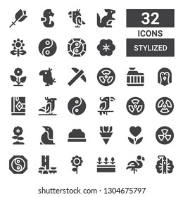 stylized icon set. Collection of 32 filled stylized icons included Peacock, Flamingo, Flowers, Flower, Brazil, Yin yang, Radiation, Bush, Penguin, Parrot, Bible, Radiator, Pick