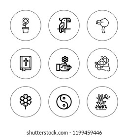 Stylized icon set. collection of 9 outline stylized icons with bible, flamingo, flower, flowers, parrot icons. editable icons.