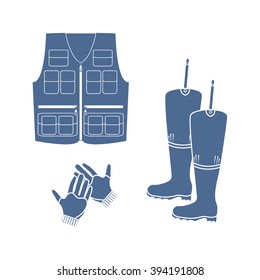 Stylized icon set of a colored vest, boots and gloves on a white background